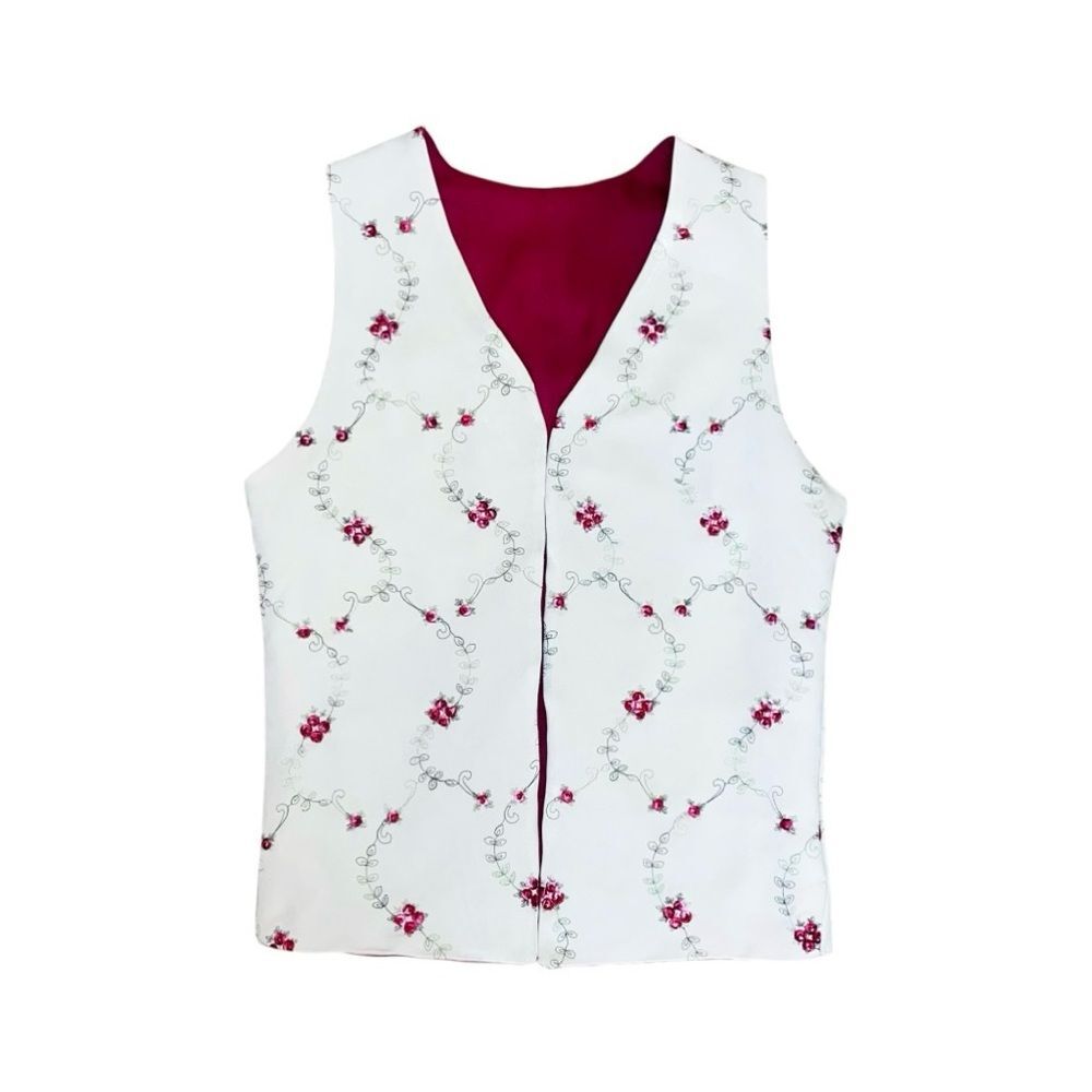 VTG Handmade Boho Floral Embroidered Reversible Open Front  Cream/Burgundy Vest